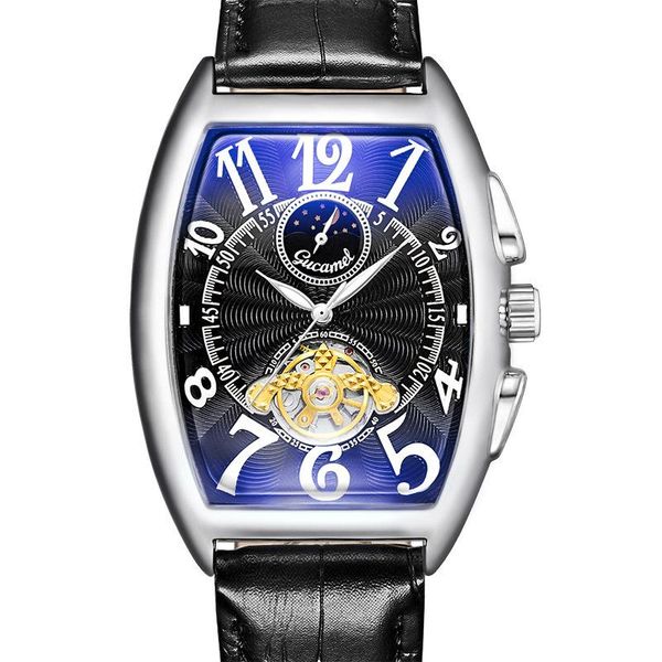 

wristwatches men's mechanical watch fashion tonneau automatic tourbillon sun moon designer relojes para hombre -selling, Slivery;brown