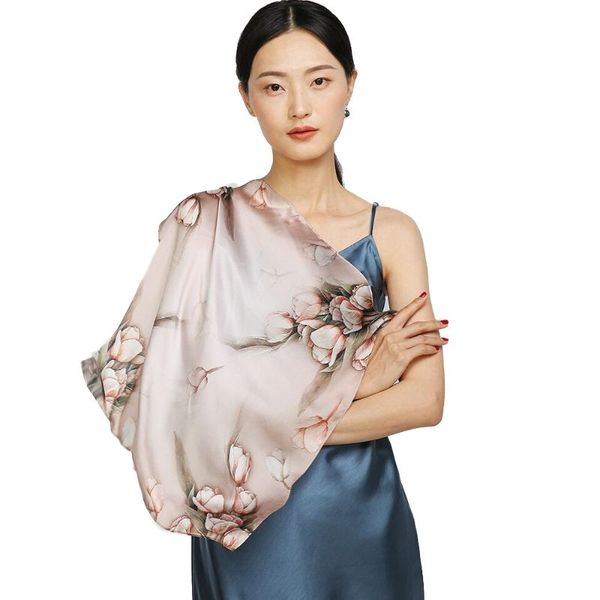

scarves 100% silk square scarf wraps headband elegant neckerchief tulip/peony/lotus print for women's gift 52cm, Blue;gray