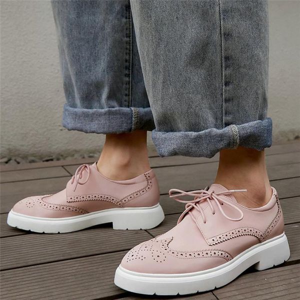 

boots 2021 punk goth oxfords shoes women lace up genuine leather med heel ankle female low platform pumps casual, Black