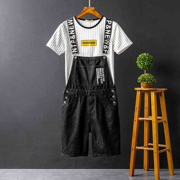 

pantamerican denim men's retro japanese overalls jumpsuit shorts for men and women couples suspenders five-point pants, Black