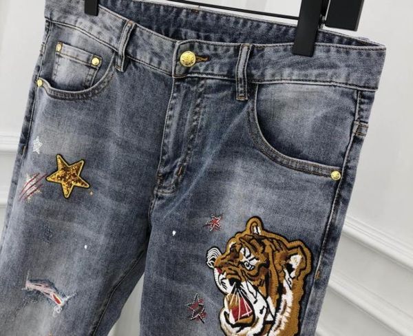 

men's jeans 2021 fashion 21ss arrival luxury embroidery brand floral pants designer long famous crown tiger print clothing for men, Blue