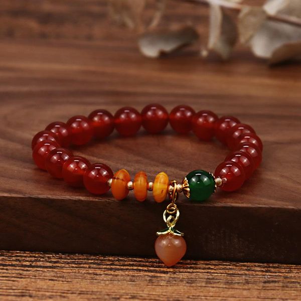 

beaded, strands national style peach red agate bracelet natural stone simple round bead adjustable for women fashion jewelry gifts, Black