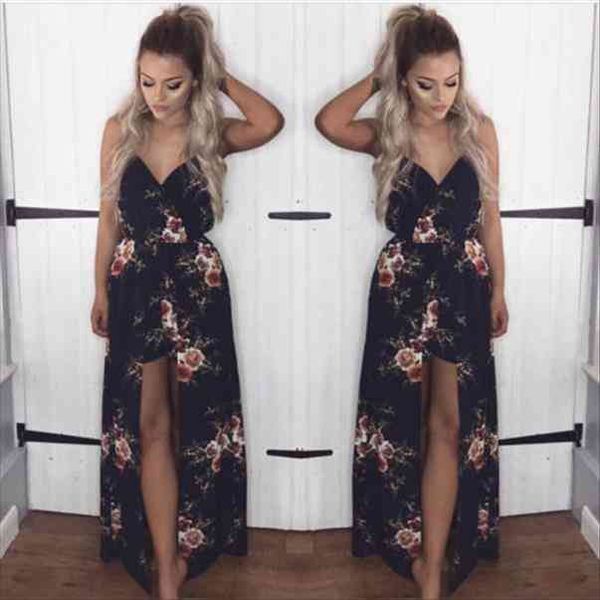 

womens summer boho chiffon party evening beach rompers long maxi sleevelss jumpsuits v-neck, Black;white