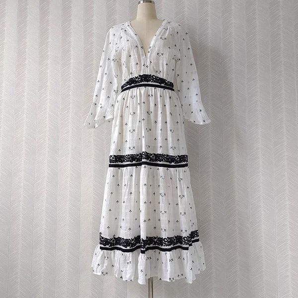 

casual dresses 2021 summer fashion long dress women vintage embroidery floral v-neck flare sleeve white backless elegant party beach, Black;gray