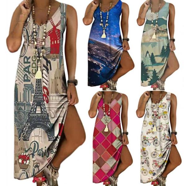 

casual dresses bohemian woman long dress boho print summer sleeveless vest for women large hem loose maxi beach vestidos, Black;gray