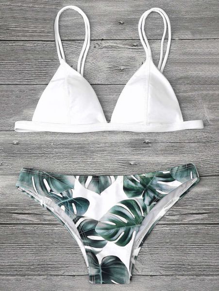 

leaf print bikini two piece women's swimming suit, White;black
