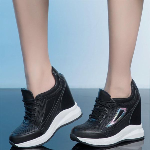 

fashion sneakers women genuine leather wedges high heel ankle boots female breathable mesh round toe pumps shoes casual, Black