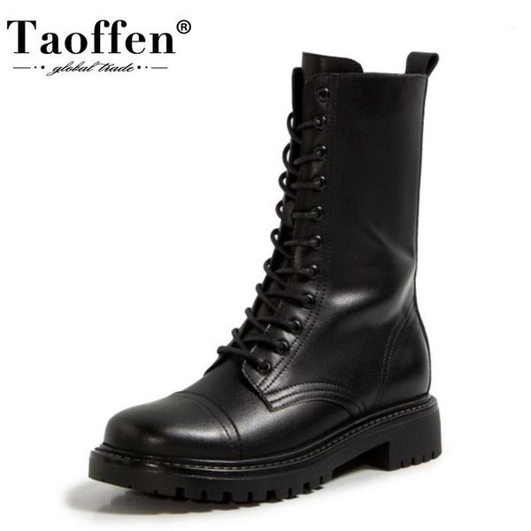 

boots taoffen real leather women mid calf cross strap zipper shoes round toe winter warm party footwear size 35-391, Black