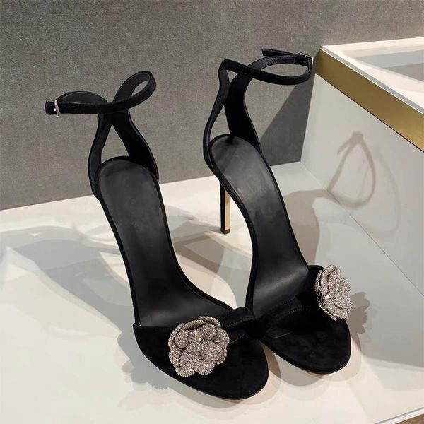 

luxury design sandals women pumps 2021 black high heels shoes crystals flower decor ladies party wedding woman