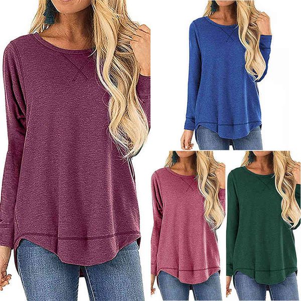 

new women's casual solid color round neck loose long sleeve t-shirt, Black;red
