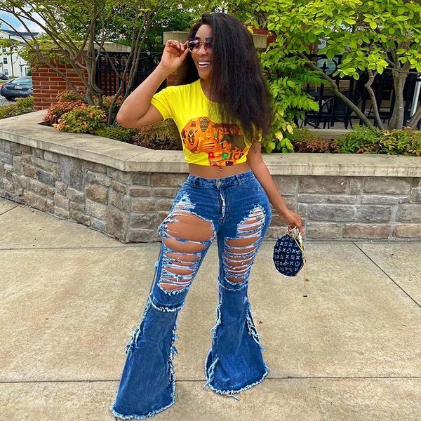 

big holes tassel denim flare pants bell bottoms streetwear ripped women distressed jeans vintage zl1011 women's, Blue