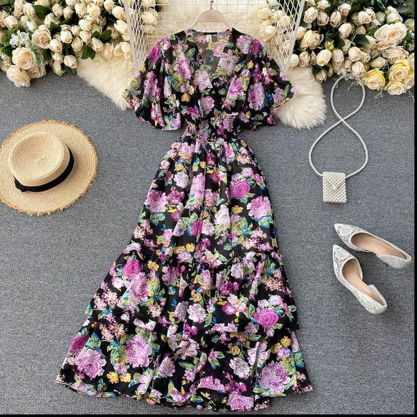 

fashion v neck ruffled womens dress high waist slim floral print casual lady vestidos mujer p211, Black;gray