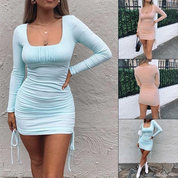 

casual dresses summer women solid color mini dress ladies fashion square collar long sleevepleated drawstring slim hip 2021, Black;gray