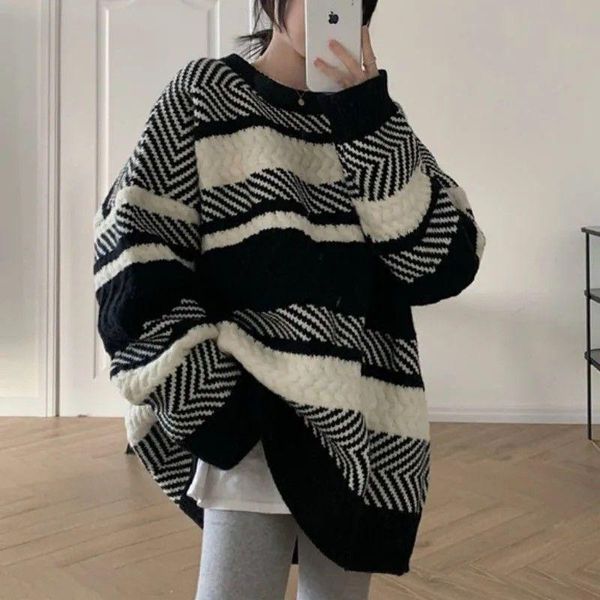 

women's sweaters striped sweater women fall/winter loose pullover lazy wind outer wear thin knitted chic jacket, White;black
