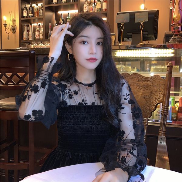 

lucyever women printing mesh spliced chiffon blouse summer slim see-through long sleeves woman black elastic lady 210521, White