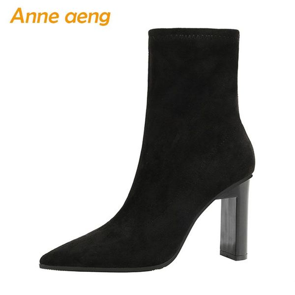 

boots 2021 autumn women ankle high square heel pointed toe solid elastic flock ladies shoes black short