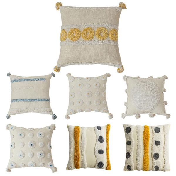 

pillow case tribal boho ethnic tufted throw handwoven embroidery geometric stripes decorative cushion cover with tassels