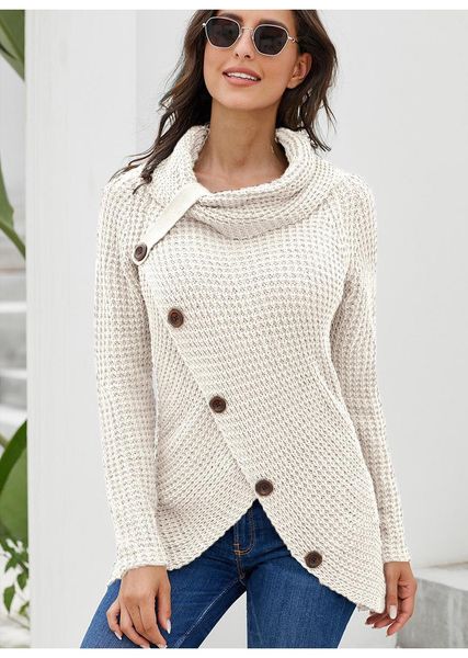 

women's sweaters button-style turtleneck sweater long-sleeved hem asymmetrical design autumn and winter pullover knitwear, White;black