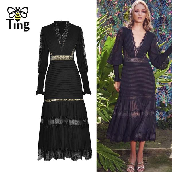 

runway designer long lantern sleeve lace patchwork vintage elegant party dinner dresses v neck celebrity elbise 210513, Black;gray