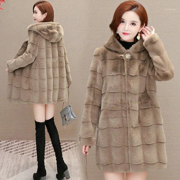 

women's fur & faux autumn winter casual hooded mink coat women soft warm plush mid-length jacket solid striped vintage loose outerwear, Black