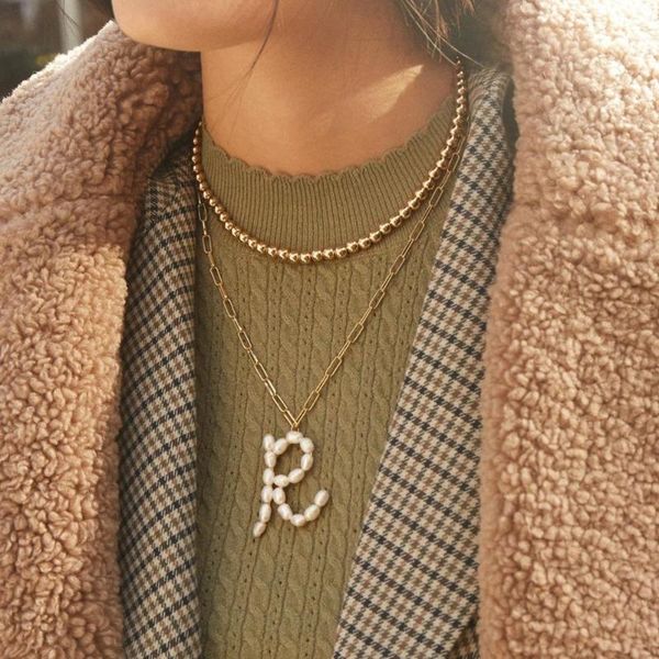 

chains 2021 fashion stainless steel pearl initial zodiac letter pendant cuban chain women jewelry custom packaging necklace, Silver