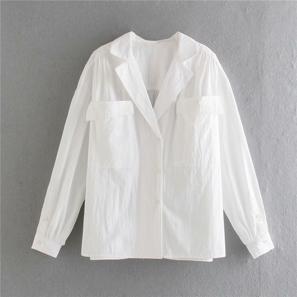 

women's knits & tees casual lady single breasted long sleeve turn-down collar za white loose shirts women fashion double big pocke