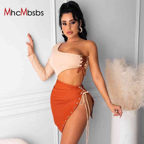 

bicolor patchwork mini dress one shoulder long sleeve cross lace up hollow out dresses split skinny casual party club clothes 210517, Black;gray