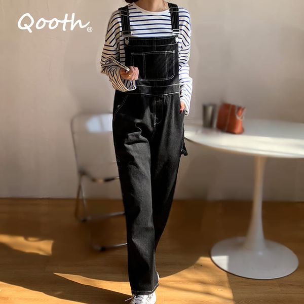 Qooth Damen-Riemenjeans mit hoher Taille, koreanischer Stil, locker, lässig, abnehmend, gerade, große Tasche, weites Bein, Overalls, Hose QT521 210518