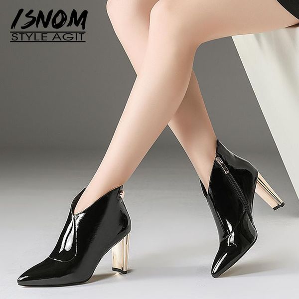 

boots isnom patent leather ankle women rivet pointed toe footwear fashion party female boot warm shoes woman 2021 winter, Black