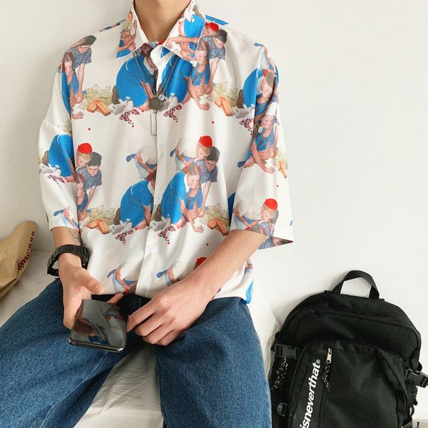 

men's casual shirts summer hawaiian male flower printing shirt french cuff mens brand clothes fashion trend loose big size -5xl 1, White;black