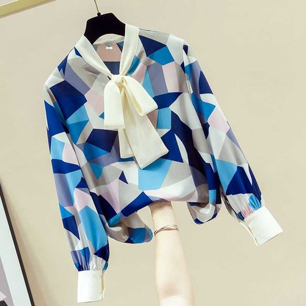 

geometric color matching printed lace-up shirt for autumn design chiffon full women blouses 210615, White