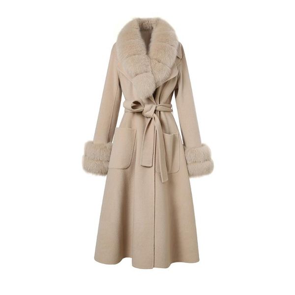 

women's fur & faux 2021 long wool coat winter jackets luxury detachable fluffy trench lady outerwear s3565, Black