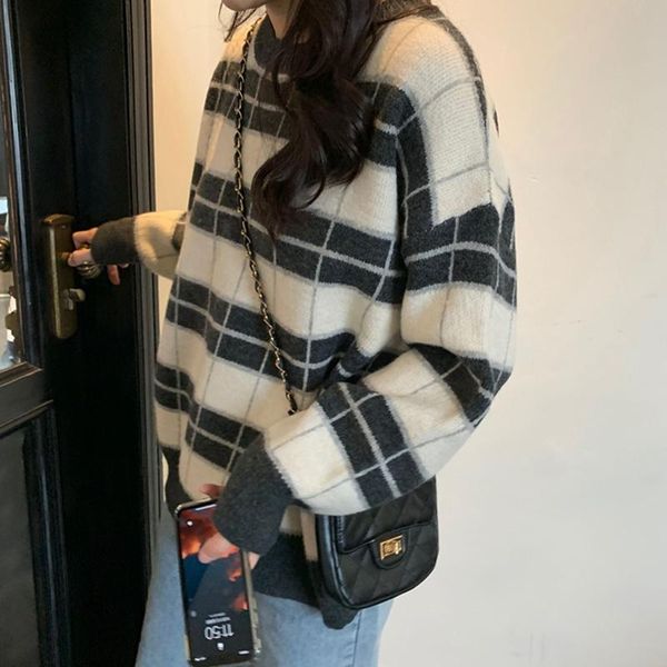 

women's sweaters women geometric check pullovers knitted sweater casual lady pullover female autumn winter retro jumper, White;black