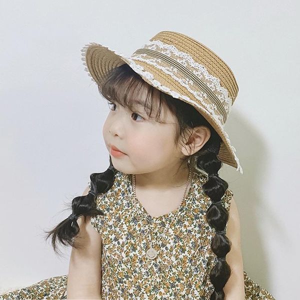 

parent-child lace straw hat for mother&baby cute princess girls beach hats summer wide brim sun ribbon holiday caps &, Yellow