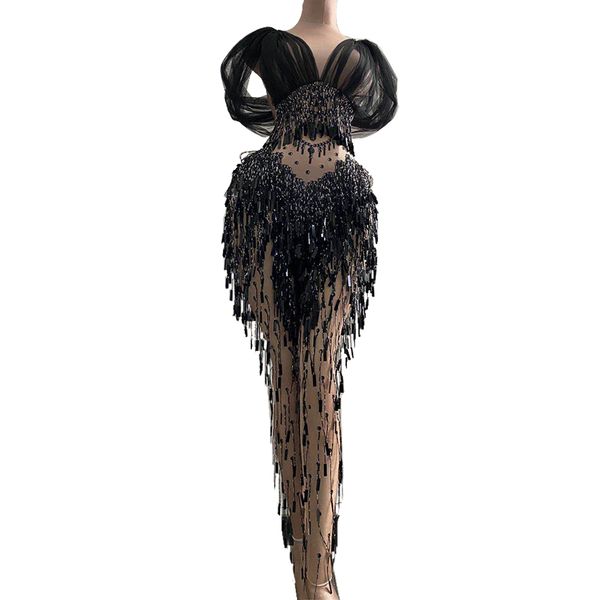 

nightclub prom celebration dj singer stage jumpsuit women mesh tassel sequin bodysuit dancer stretch skinny nude rompers, Black;white