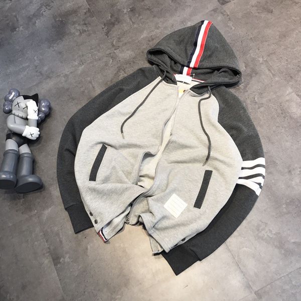 

korean tb lovers classic yarn dyed four bar loose casual versatile splicing webbing zipper hoodie jacket, Black