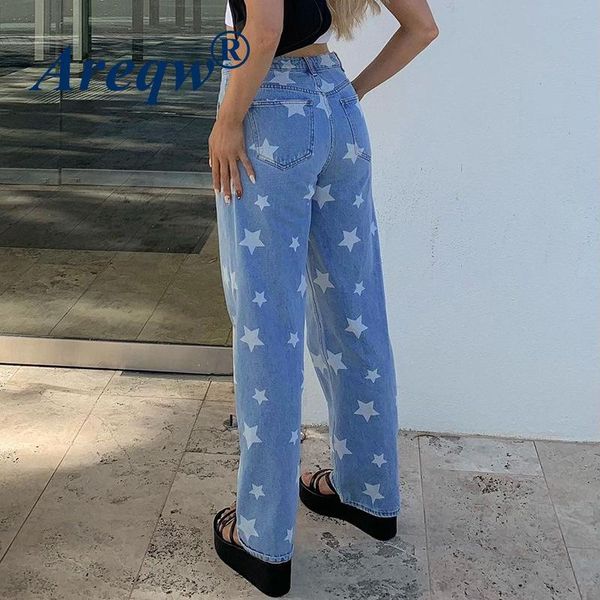 

women's pants blue five-pointed star print drape straight-leg jeans high-waist casual trousers