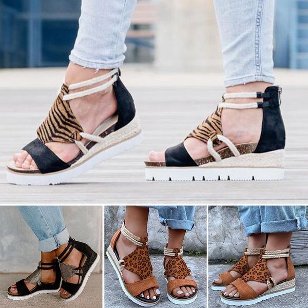 

sandals for women casual open toe strappy wedge summer dressy beach zipper roman platform shoes, Black