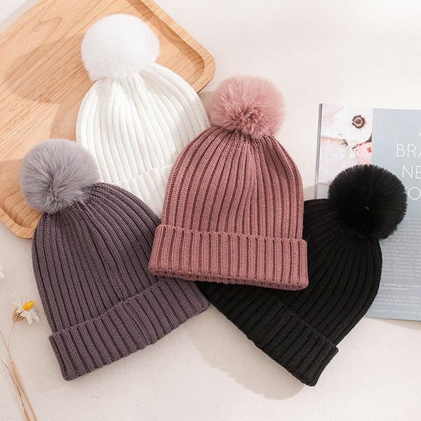 

beanie/skull caps knitted women beanie fur pompom winter autumn warm hat female ladies solid color cap casual skullies beanies bonnet, Blue;gray