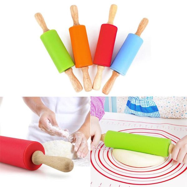 

wooden handle pastry dough flour roller kitchen cooking baking tool for pasta cookie non-stick silicone rolling pin pins & boards