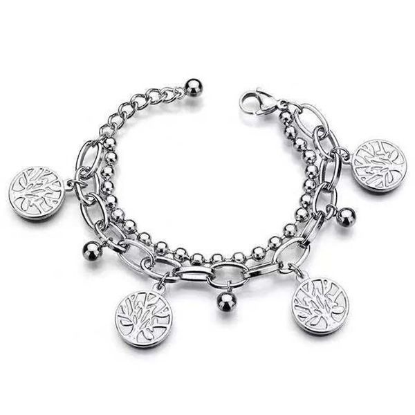 

link, chain hip hop titanium steel bracelet double layer tree of life pendant beaded unisex, Black