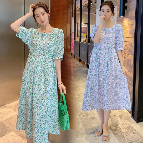 

753# 2021 summer bohemian style floral print chiffon maternity long dress a line slim loose clothes for pregnant women pregnancy dresses, White