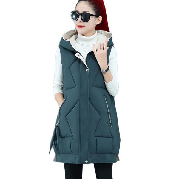 

women's vests women korean casual down cotton vest autumn winter long waistcoat plus size hooded parka overcoat 3xl 105 kg, Black;white