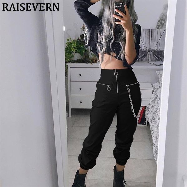 

women's pants & capris gothic harajuku zipper streetwear women casual harem with chain solid black pant cool punk hip hop long trousers, Black;white