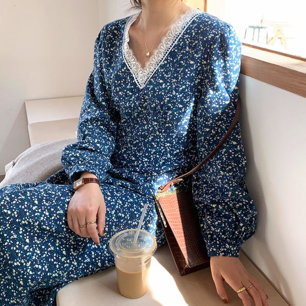 

2021 french retro v-neck floral bow puff long sleeve dress women's fashion woman's wild impression chic robe y1045 9vep, Black;gray