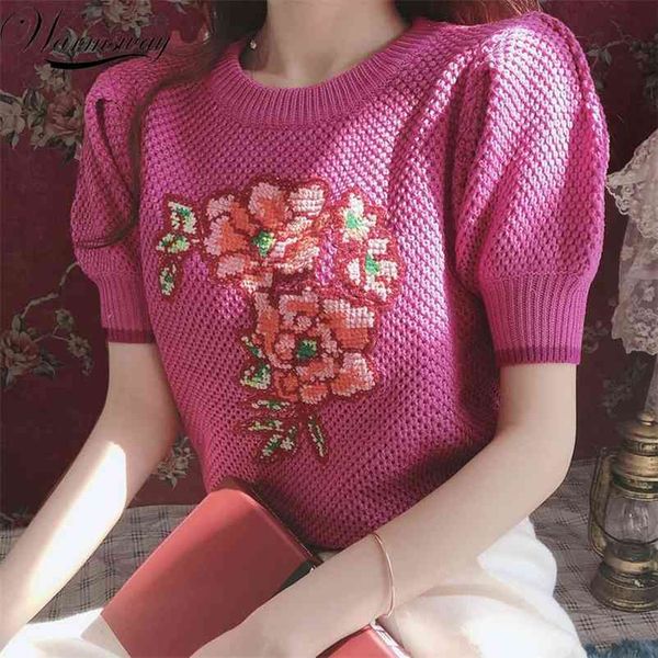 

summer o-neck puff sleeve t-shirt women knitted high waist fashion embroidery hollow out pullover c-001 210522, White