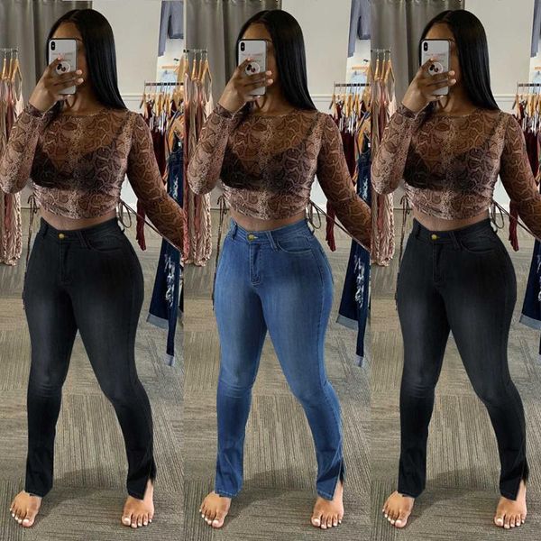 

women's jeans icclek 2021 slimming high-waist split-leg trousers high waisted, Blue