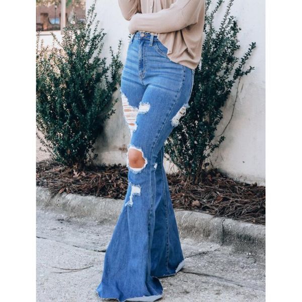 

plus size pants jeans women temperament 2021 waist ripped flared hole solid casual denim trousers, Black