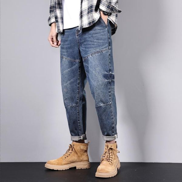 

spring and autumn men's jeans slim harem pants trend loose feet casual dark straight, Blue