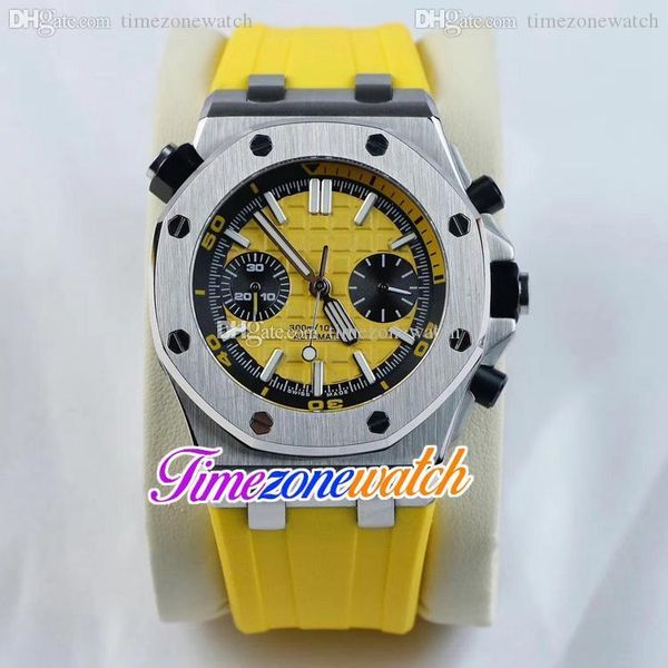 42mm Quadrante giallo Texture Orologio automatico da uomo Cassa in acciaio Cinturino in caucciù giallo interno nero Zaffiro No Cronografo Orologi sportivi Timezonewatch E44A1